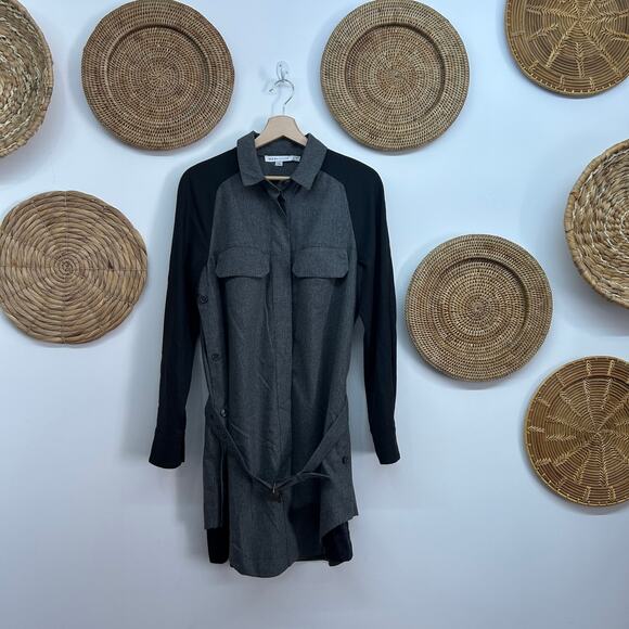 $598 See by Chloe Gray Black Belted Button Up Collared Long Sleeve Mini Dress 6 - Picture 1 of 9